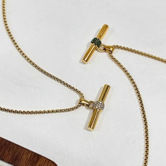 New Bar Pendant Necklace 18K Gold Plated Rhinestone Contemporary Minimalist - Picture 9 of 10